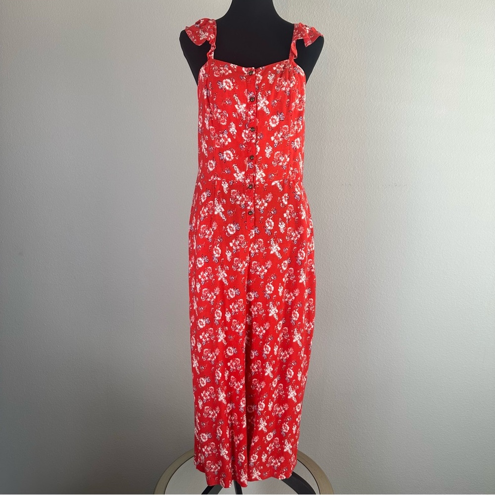 Red Floral Wide Leg Palazzo Jumpsuit Womens Medium Smocked Back Pockets Colorful